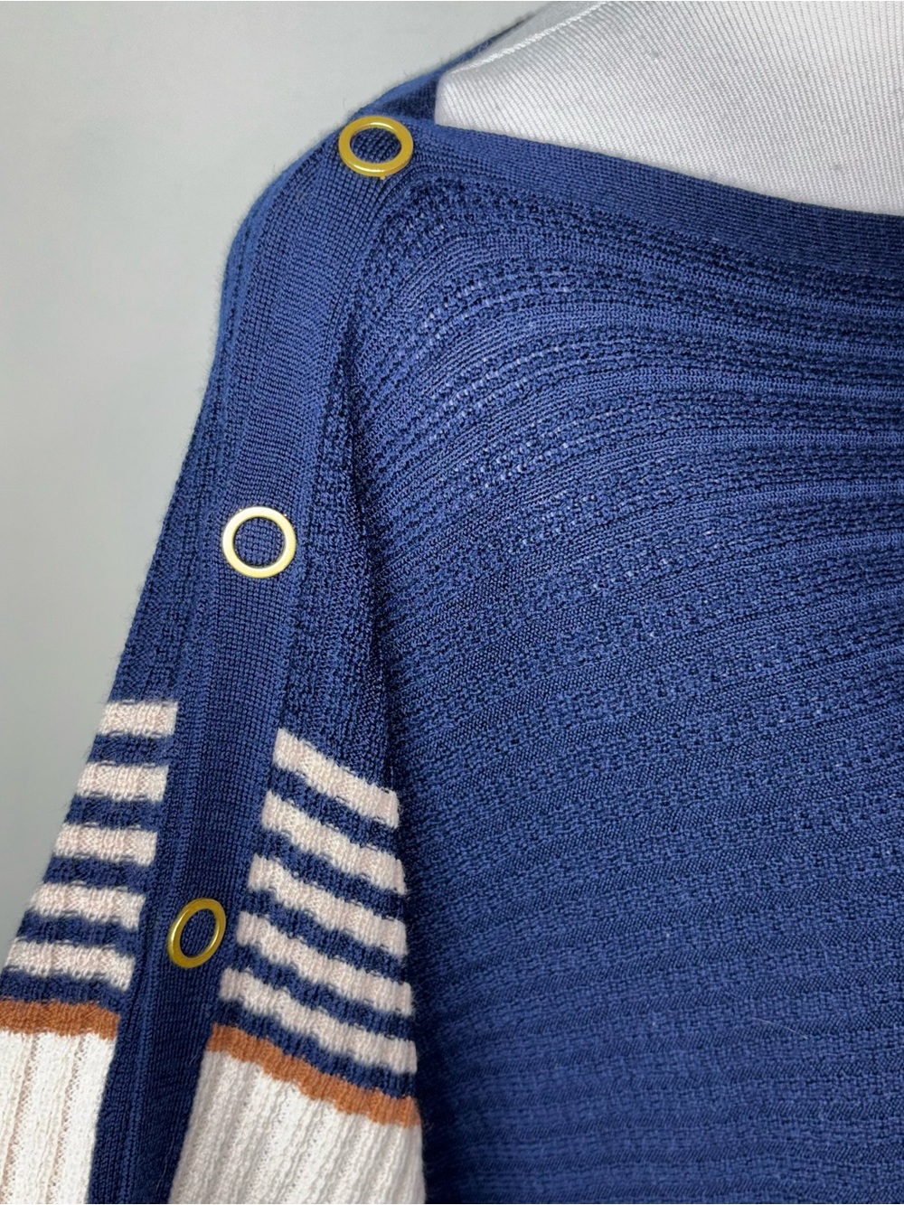 Trina Turk Chic Wrap Pullover Sweater Poncho Blue Knit Stripes and Gold Buttons - Picture 12 of 13